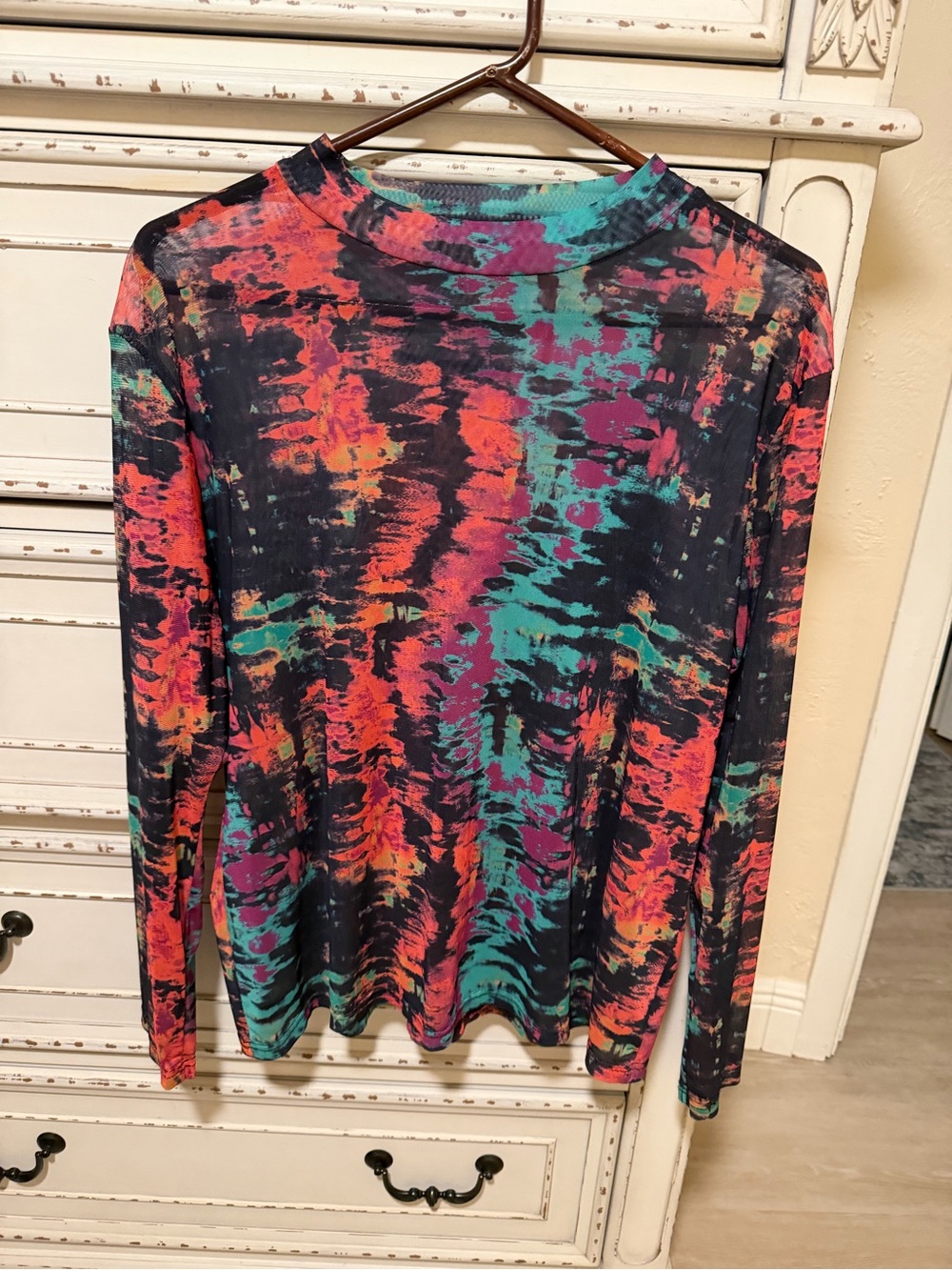 Women's Long-Sleeve Mesh Layering Top in Teal & Coral